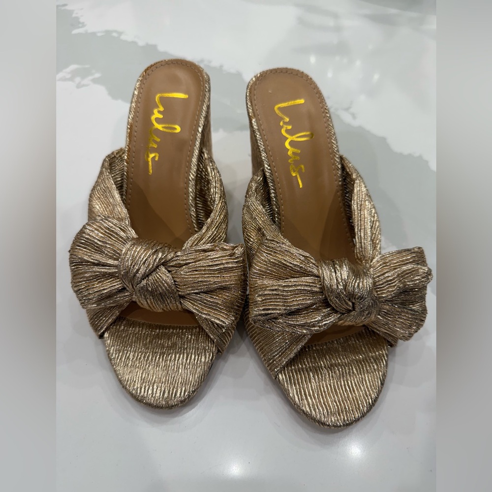 Lulu's Gold Knotted High Heeled Sandals with Bow Detail